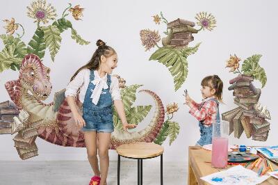 Muurstickers 130x194 Rode dinosaurus met tekeningen en bloemen
