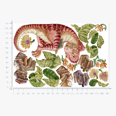 Muurstickers 130x194 Rode dinosaurus met tekeningen en bloemen