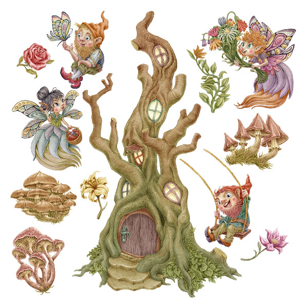 Muurstickers 130x135 Boswezens en een pastelkleurig boomhuis