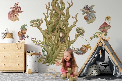Muurstickers 130x135 Boswezens en een pastelkleurig boomhuis