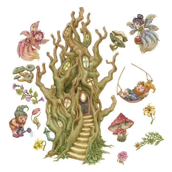 Muurstickers 130x173 Boswezens en pastelkleurige boomhutten