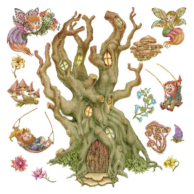 Muurstickers 130x209 Bosmagie: Feeënkabouters en een pastelkleurig huis