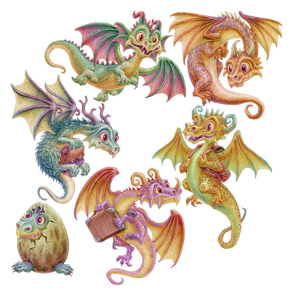 Muurstickers 130x111 Kleurrijke draken in sprookjesachtige, tekenfilmstijl
