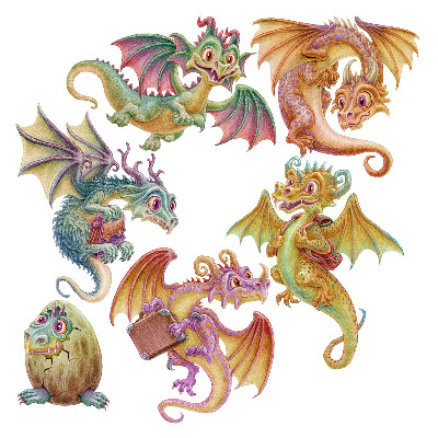 Muurstickers 130x111 Kleurrijke draken in sprookjesachtige, tekenfilmstijl