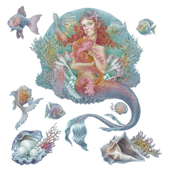 Muurstickers 130x129 Zeemeermin in pastelkleurige onderwaterstijl