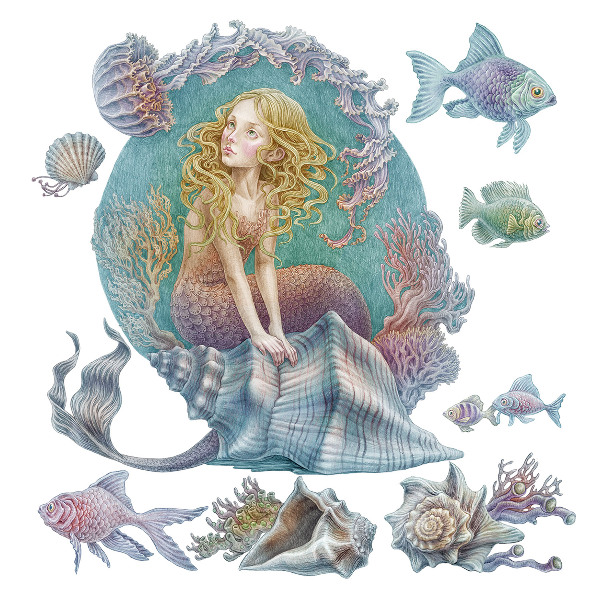 Muurstickers 130x115 Zeemeermin in een pastelkleurige onderwaterwereld