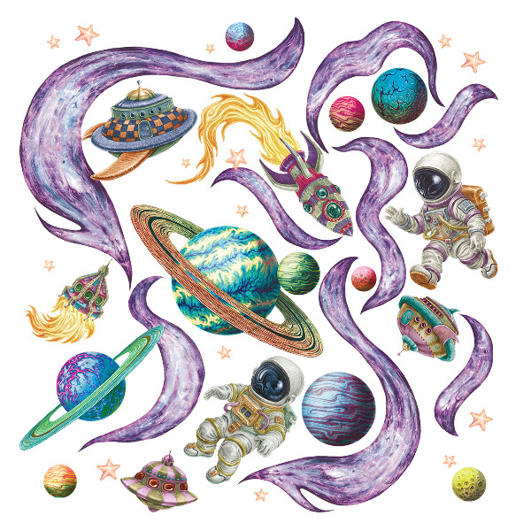 Muurstickers 130x224 Astronautenraketten tegen een pastelkleurige planetaire achtergrond