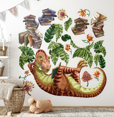 Muurstickers 60x90 Rode dinosaurus met tekeningen en vegetatie