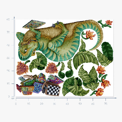 Muurstickers 60x76 Een dinosaurus in cartoonstijl met bladeren en bloemen