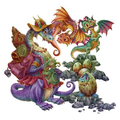 Muurstickers 60x73 Kleurrijke draken sprookjesfamilie in illustratieve stijl