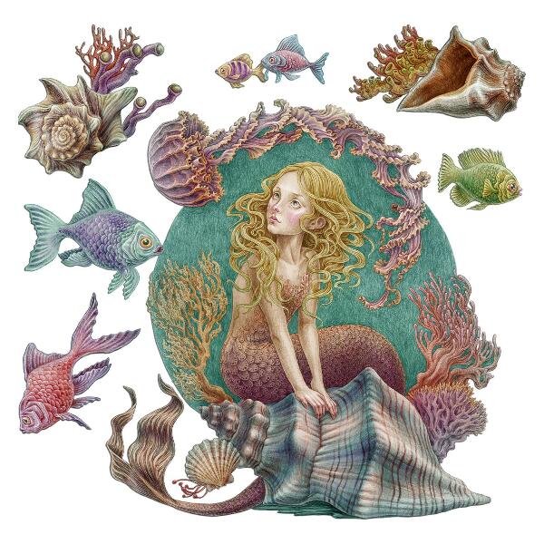 Muurstickers 60x53 Een zeemeermin tussen de schelpen van onderwaterverhalen