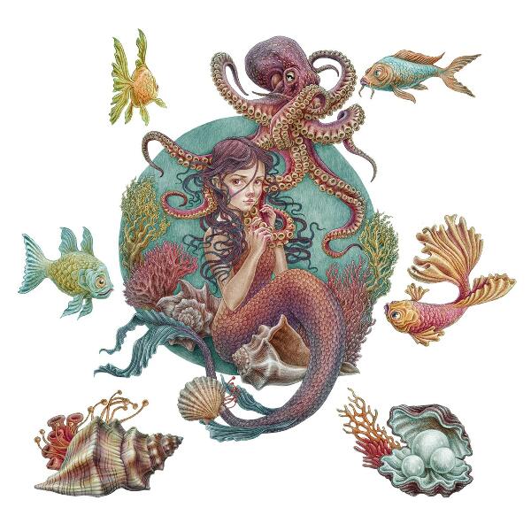 Muurstickers 60x67 Een zeemeermin met een schelp in cartoonstijl