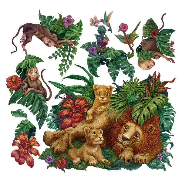 Muurstickers 60x95 Safari exotische beesten in tropische jungle cartoonstijl