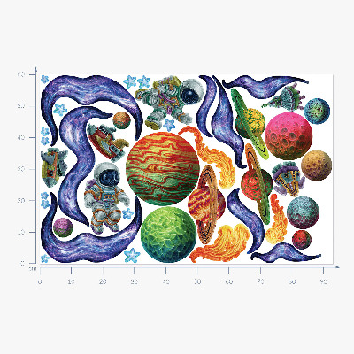 Muurstickers 60x93 Ruimteraketreis met astronauten en planeten