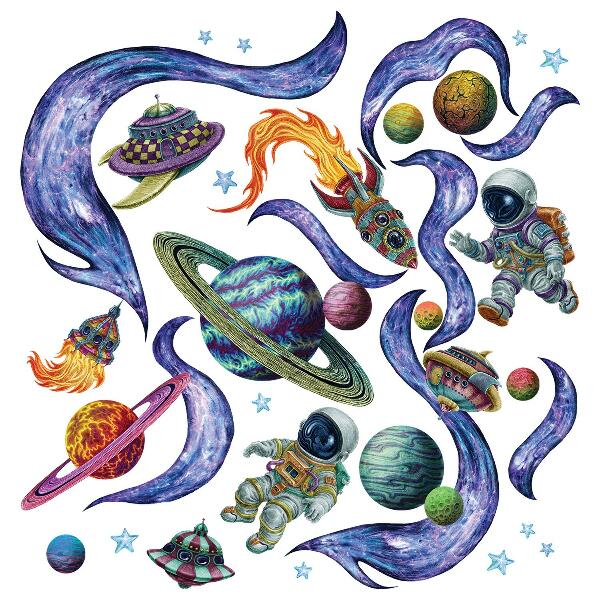 Muurstickers 60x90 Astronautenruimteraketten in tekenfilmstijl