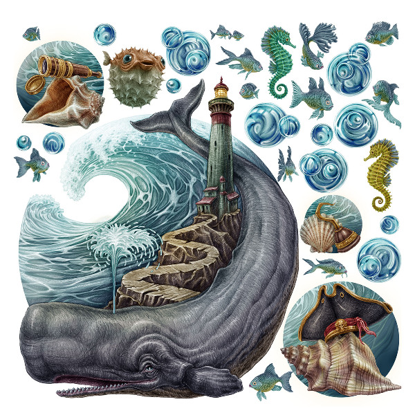 Muurstickers 60x71 Een onderwatersprookje met een lantaarn en dieren