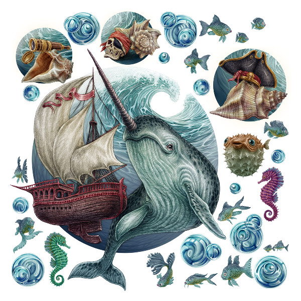 Muurstickers 60x66 Een onderwaterland vol tekenfilmwezens