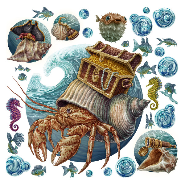 Muurstickers 60x66 Een onderwatersprookje met krabben in tekenfilmstijl