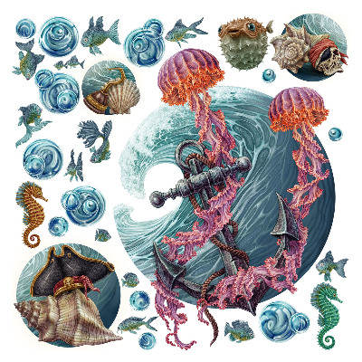 Muurstickers 60x64 Een onderwatersprookje met zeekwallen in de tekening