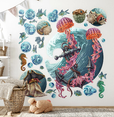 Muurstickers 60x64 Een onderwatersprookje met zeekwallen in de tekening