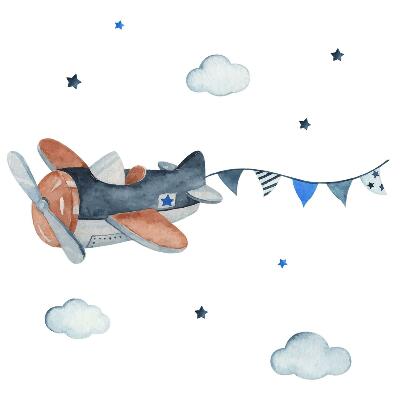 Muurstickers 60x95 Pastelvliegtuig in een aquarellucht