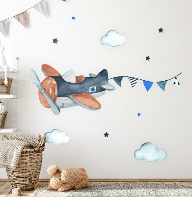 Muurstickers 60x95 Pastelvliegtuig in een aquarellucht