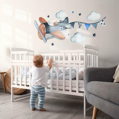 Muurstickers 60x95 Pastelvliegtuig in een aquarellucht