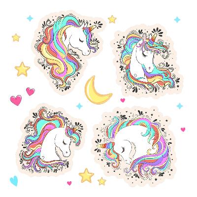 Muurstickers 60x84 Kleurrijke en charmante eenhoorns met sterren en maan