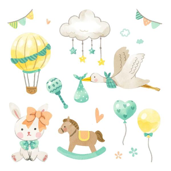 Muurstickers 60x107 Schattige pastelkleurige speeltjes in aquarelstijl