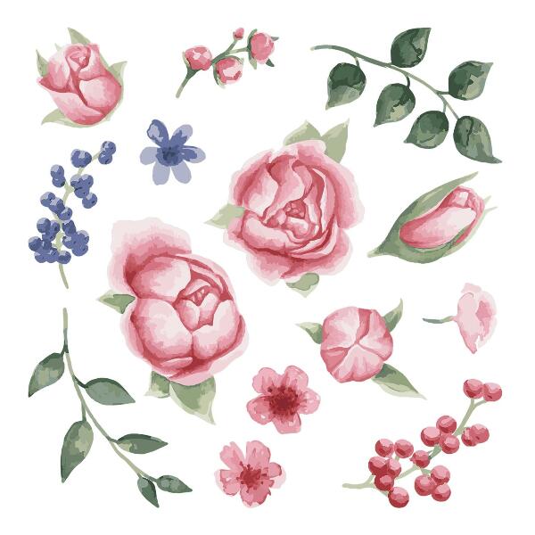 Muurstickers 60x77 Bloemenwaterverf met pioenrozen in pasteltinten