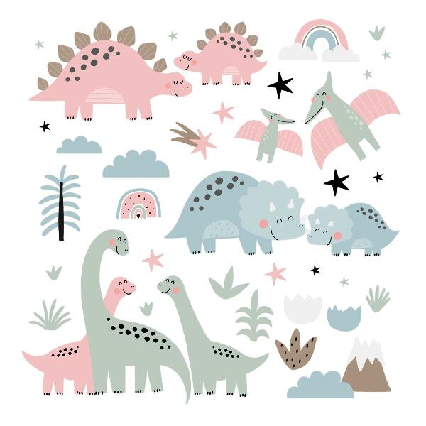 Muurstickers 60x89 Dinosaurussen omringd door pastelkleurige vegetatie