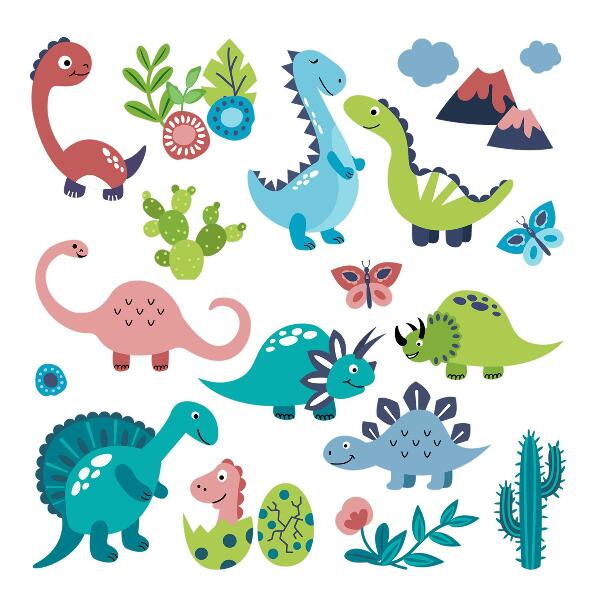 Muurstickers 60x108 Vrolijke dinosaurussen in een pastelpalet