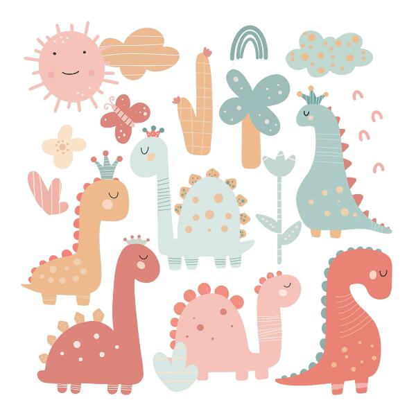 Muurstickers 60x92 Pastelkleurige wereld van dinosaurussen in boho-stijl