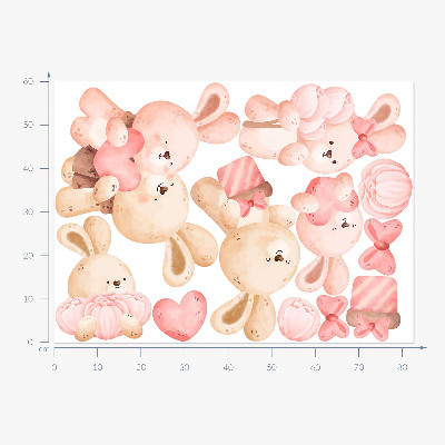 Muurstickers 60x83 Schattige konijntjes in een pastelkleurige familie