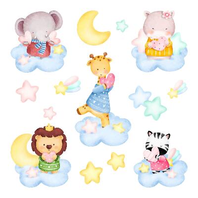 Muurstickers 60x92 Schattige dieren in wolken en sterren aquarel pastel