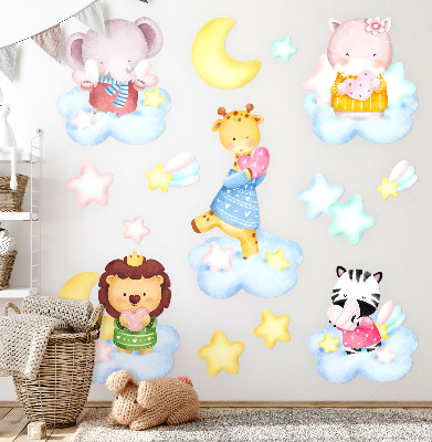 Muurstickers 60x92 Schattige dieren in wolken en sterren aquarel pastel