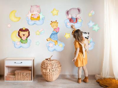 Muurstickers 60x92 Schattige dieren in wolken en sterren aquarel pastel