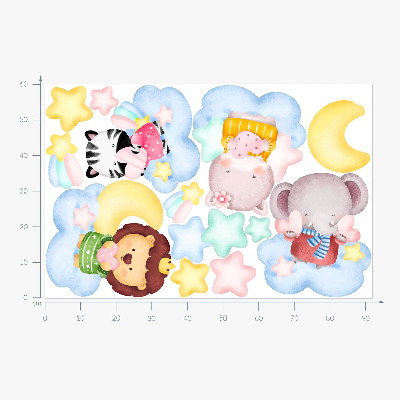 Muurstickers 60x92 Schattige dieren in wolken en sterren aquarel pastel