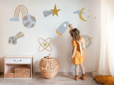 Muurstickers 60x100 Een ruimte-illustratie van planeten en sterren in pastelkleuren.