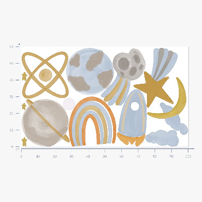 Muurstickers 60x100 Een ruimte-illustratie van planeten en sterren in pastelkleuren.