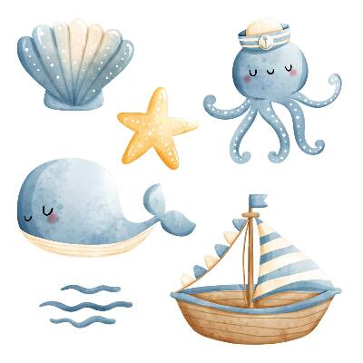 Muurstickers 60x79 Zeedieren en een boot in pastelwaterverf