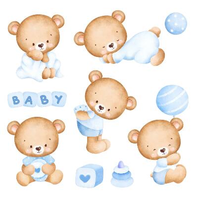 Muurstickers 60x103 Pastelkleurige teddyberen in aquarelversie