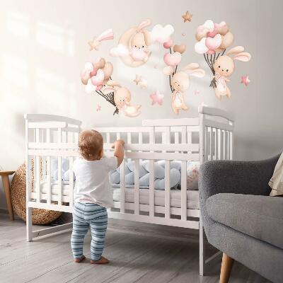 Muurstickers 60x108 Konijntjes met ballonnen in pastelkleurige aquareltinten