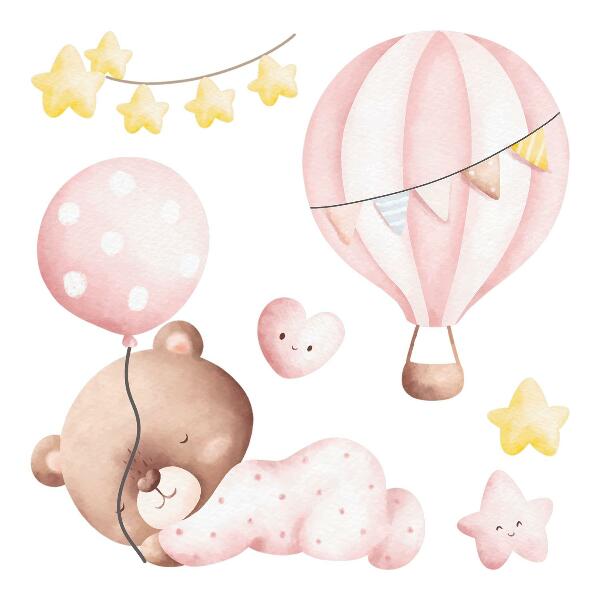 Muurstickers 60x56 Teddybeer met ballonnen en sterren in pastelwaterverf