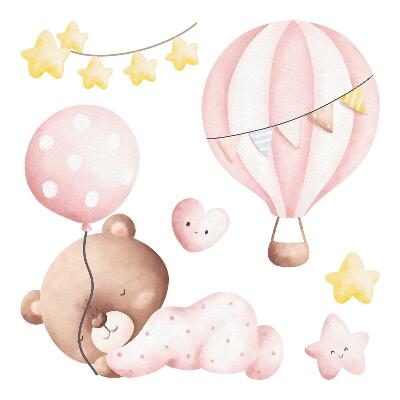 Muurstickers 60x56 Teddybeer met ballonnen en sterren in pastelwaterverf