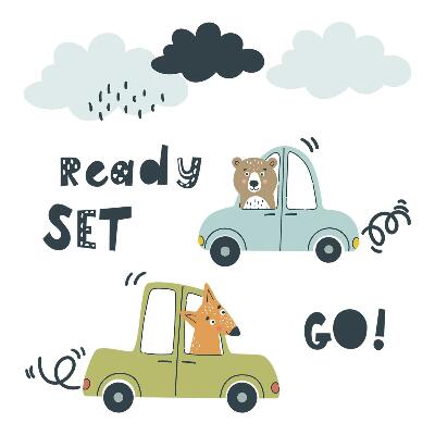 Muurstickers 60x81 Klaar om te gaan! Pastelkleurige dieren in auto's