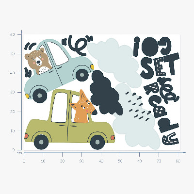 Muurstickers 60x81 Klaar om te gaan! Pastelkleurige dieren in auto's