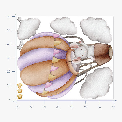 Muurstickers 60x70 De reis van een ballonmuis in pastelkleurige wolken