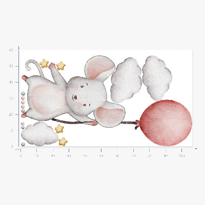 Muurstickers 60x107 Muis met een ballon in de wolken aquarel pastels