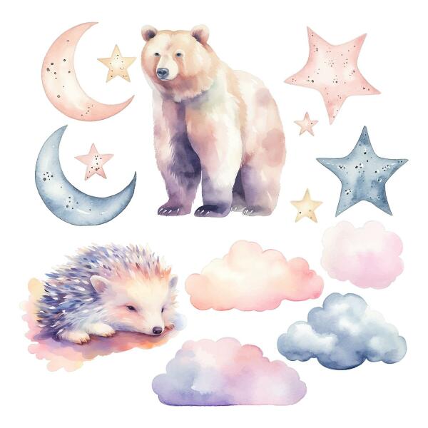 Muurstickers 60x107 Schattige dieren onder de nachtelijke hemel in aquarelstijl
